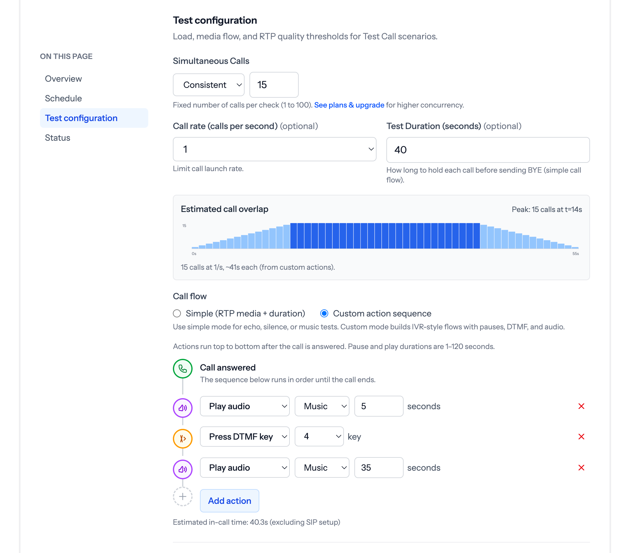VoIP Toolbox test configuration with DTMF actions and call flow workflow